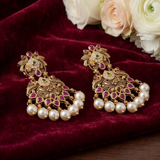 Stone with Ruby & Pearls Peacock Drops