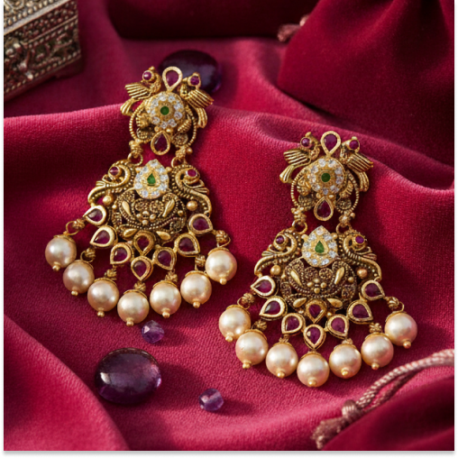 Stone with Ruby & Pearls Peacock Drops