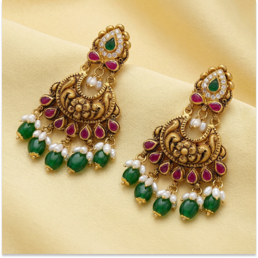 Ruby Stone with Emerald & Pearls Beats Drops