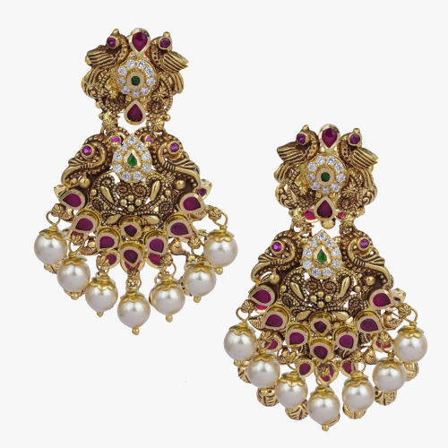 Stone with Ruby & Pearls Peacock Drops